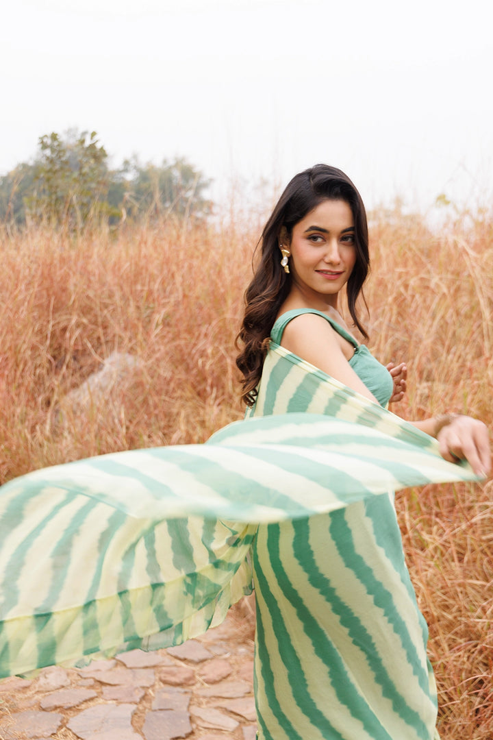 Green & Yellow Ready-to-Wear Leheriya Chiffon Saree with Ruffles