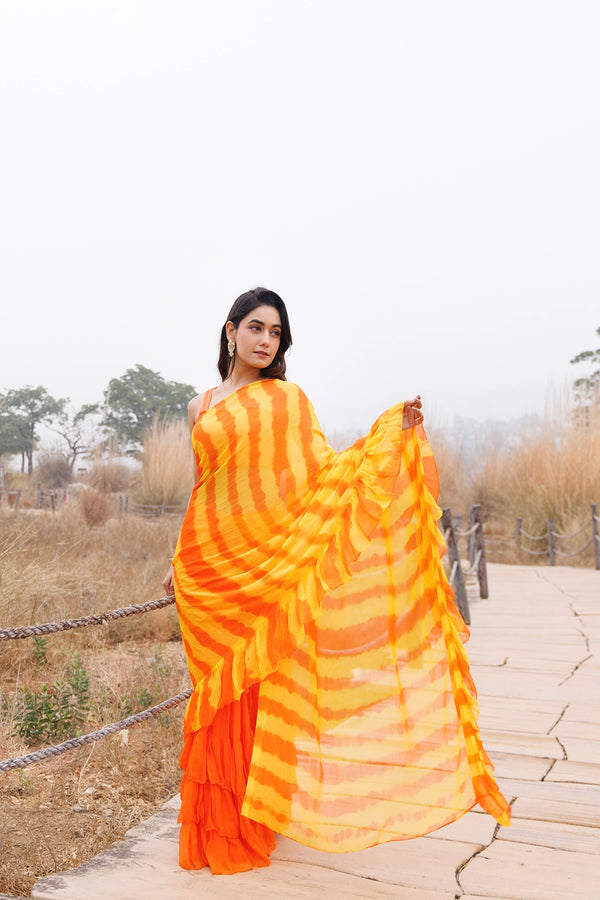 Orange & Yellow Ready-to-Wear Leheriya Chiffon Saree with Ruffles