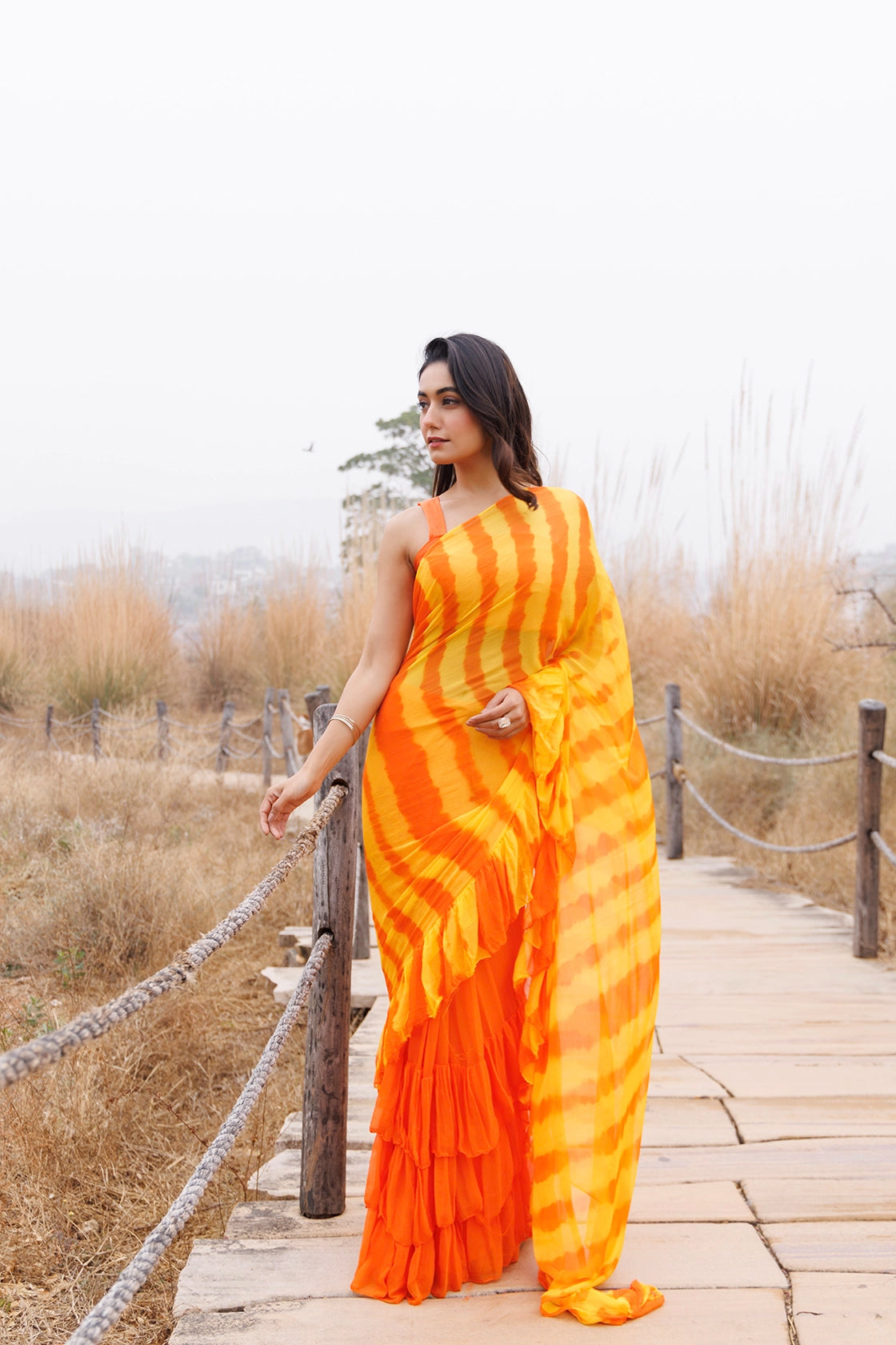 Orange & Yellow Ready-to-Wear Leheriya Chiffon Saree with Ruffles