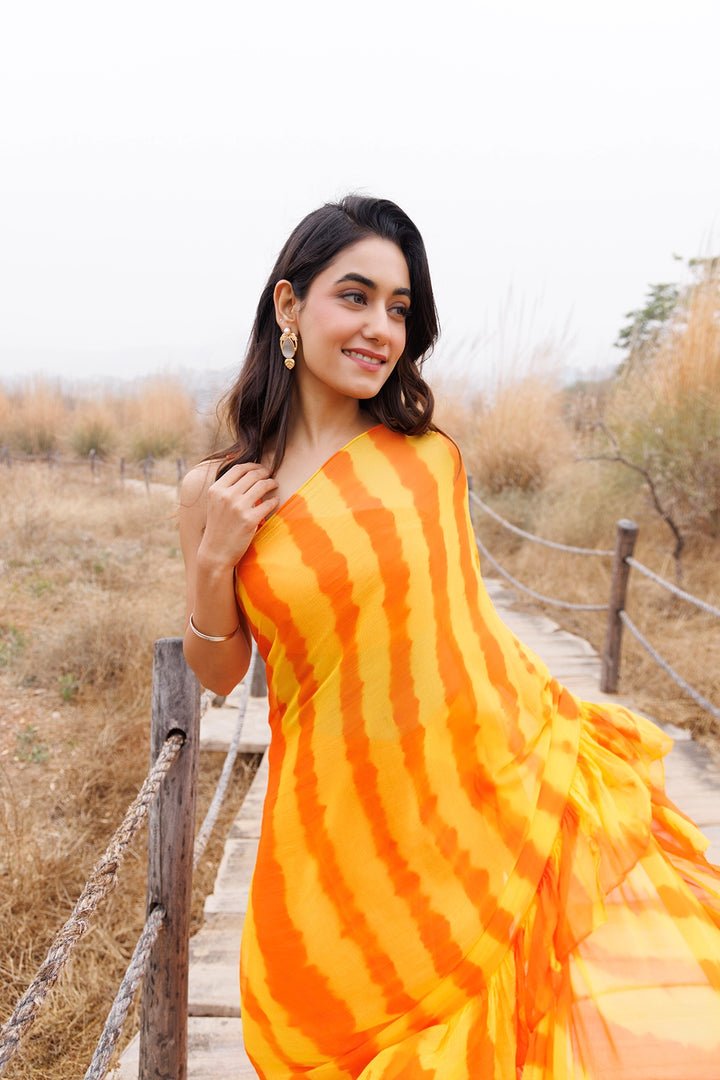 Orange & Yellow Ready-to-Wear Leheriya Chiffon Saree with Ruffles