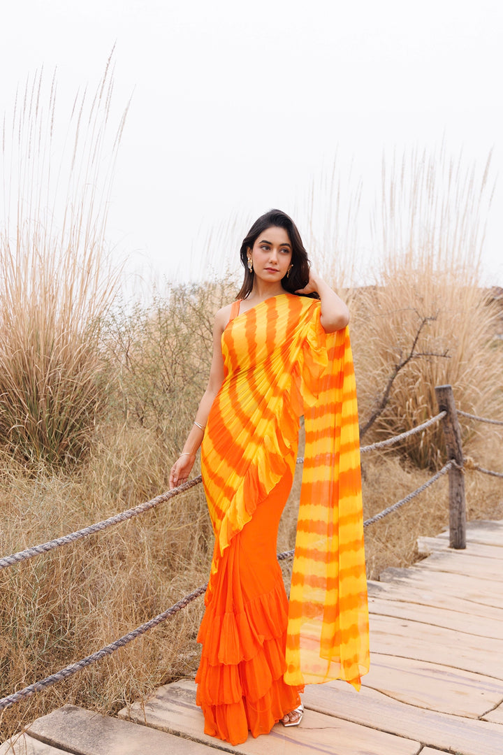 Orange & Yellow Ready-to-Wear Leheriya Chiffon Saree with Ruffles