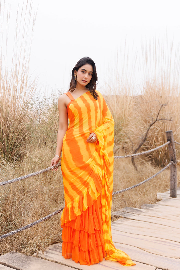 Orange & Yellow Ready-to-Wear Leheriya Chiffon Saree with Ruffles