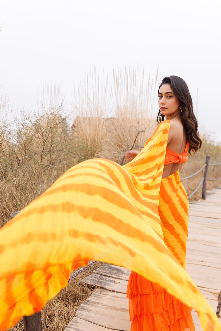 Orange & Yellow Ready-to-Wear Leheriya Chiffon Saree with Ruffles