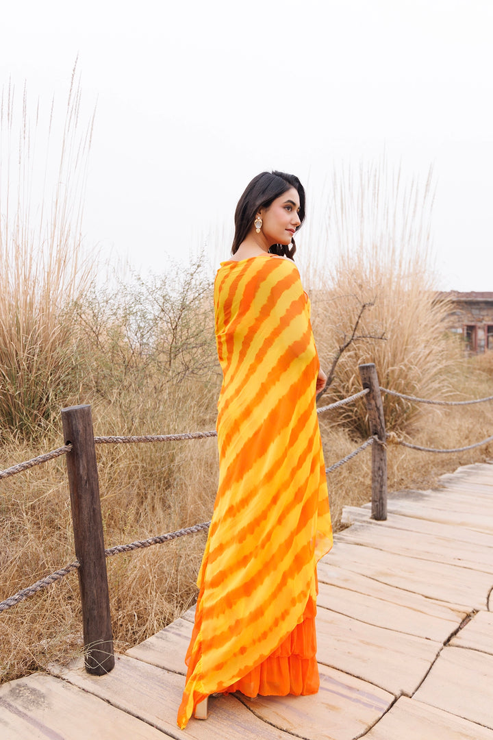 Orange & Yellow Ready-to-Wear Leheriya Chiffon Saree with Ruffles