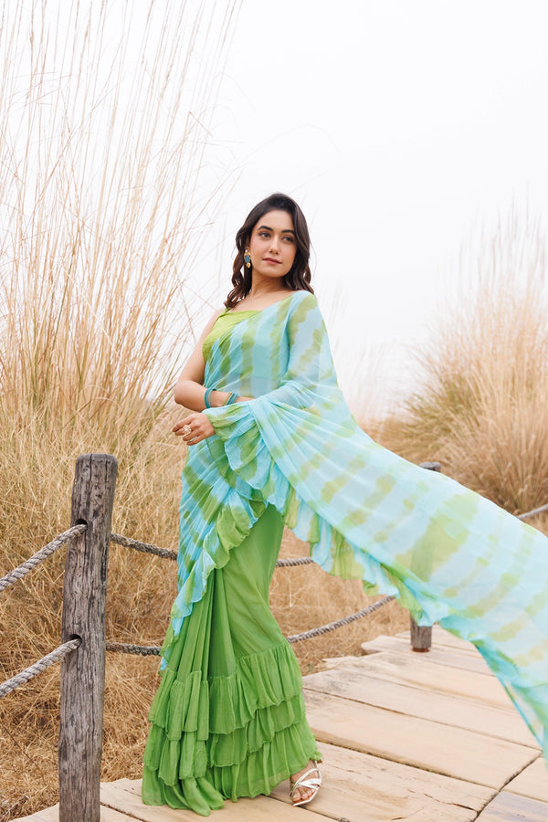 Green & Blue Ready-to-Wear Leheriya Chiffon Saree with Ruffles