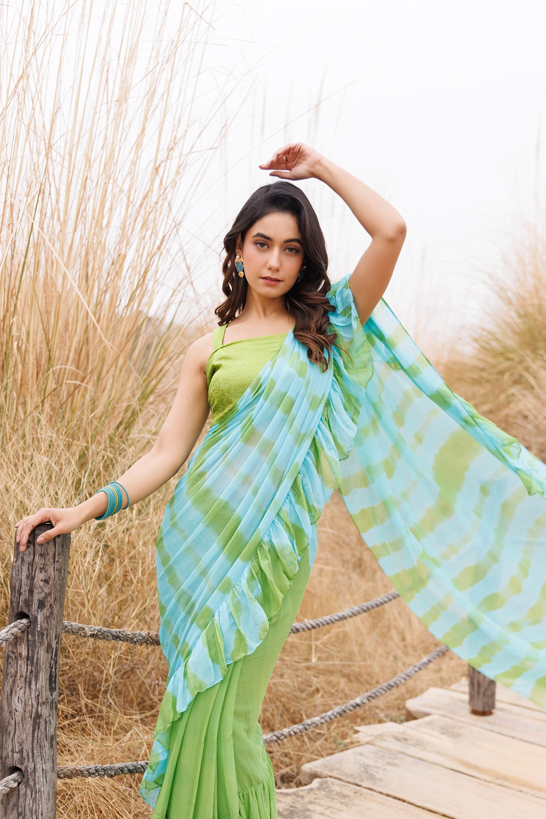 Green & Blue Ready-to-Wear Leheriya Chiffon Saree with Ruffles