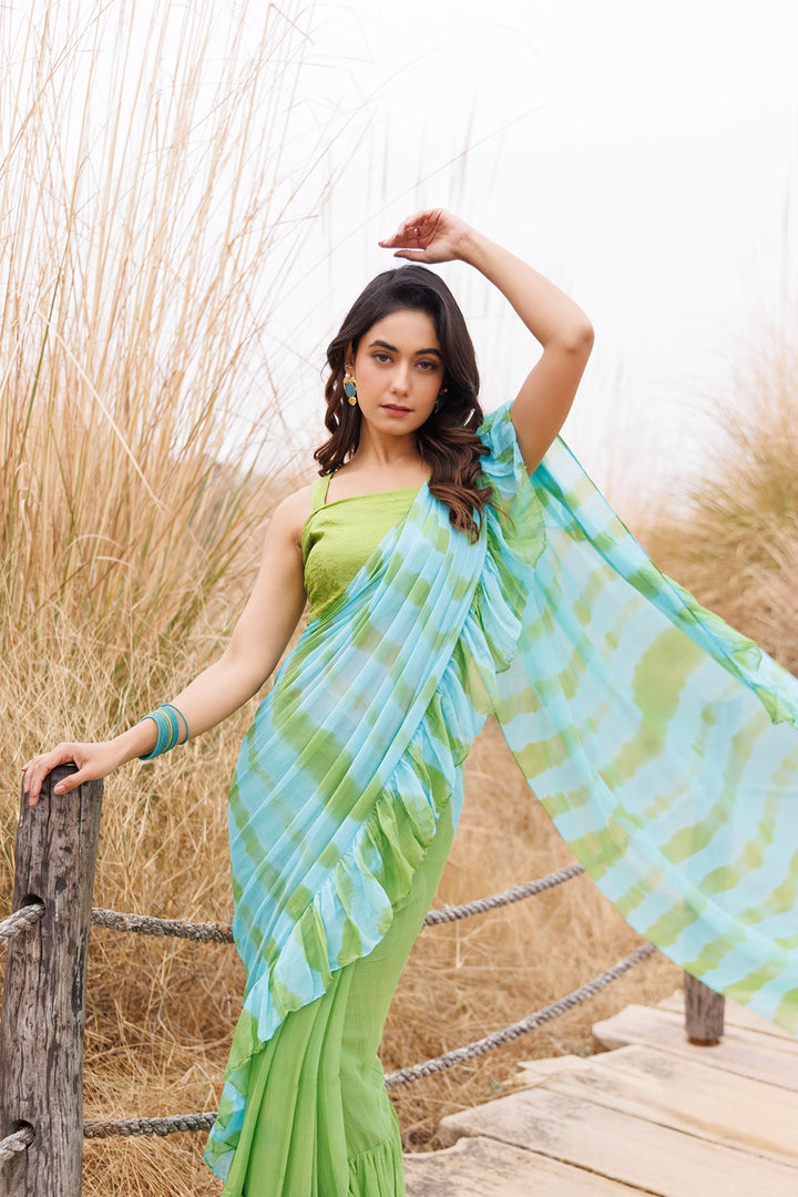 Green & Blue Ready-to-Wear Leheriya Chiffon Saree with Ruffles