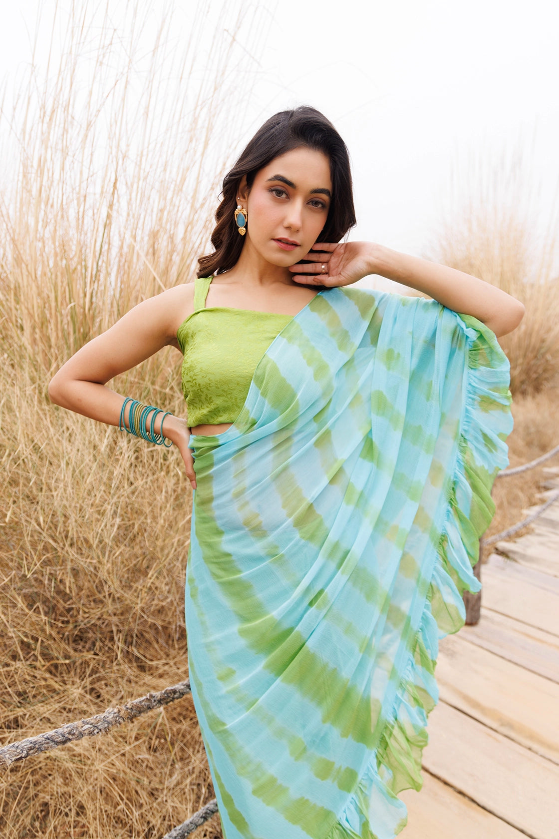 Green & Blue Ready-to-Wear Leheriya Chiffon Saree with Ruffles