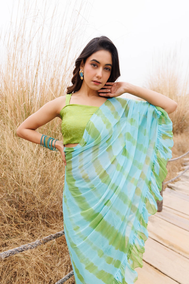 Green & Blue Ready-to-Wear Leheriya Chiffon Saree with Ruffles