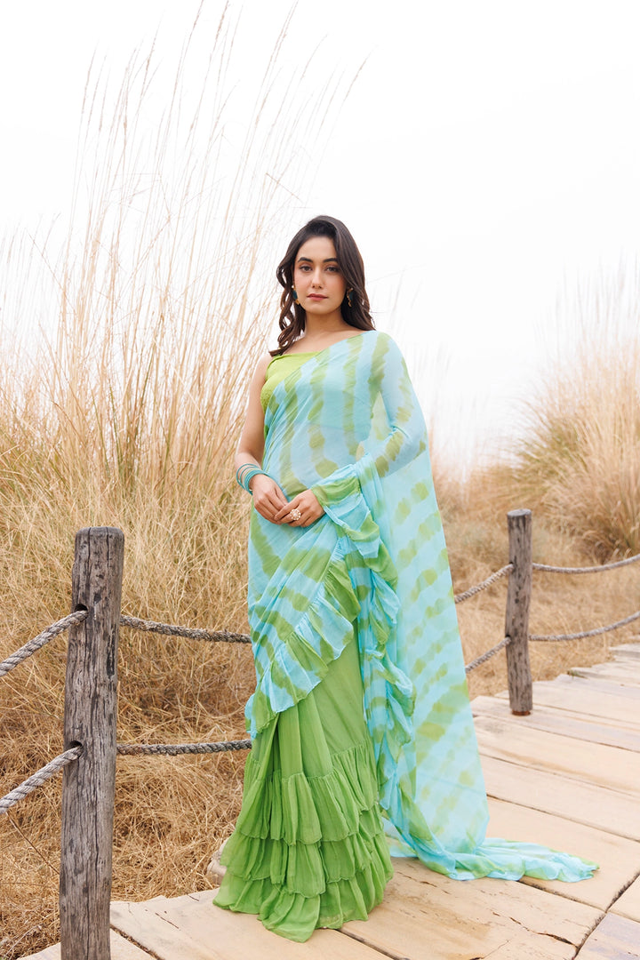 Green & Blue Ready-to-Wear Leheriya Chiffon Saree with Ruffles