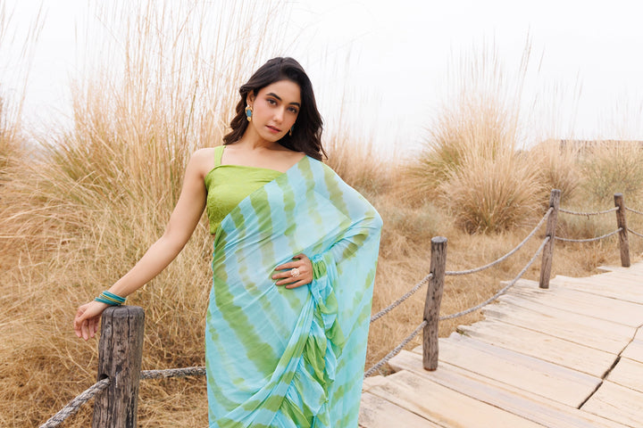 Green & Blue Ready-to-Wear Leheriya Chiffon Saree with Ruffles