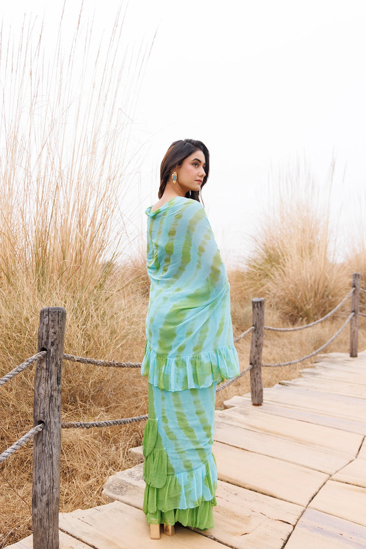 Green & Blue Ready-to-Wear Leheriya Chiffon Saree with Ruffles