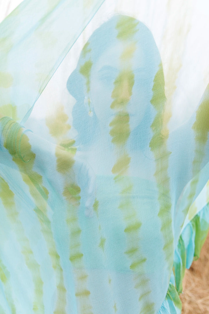 Green & Blue Ready-to-Wear Leheriya Chiffon Saree with Ruffles