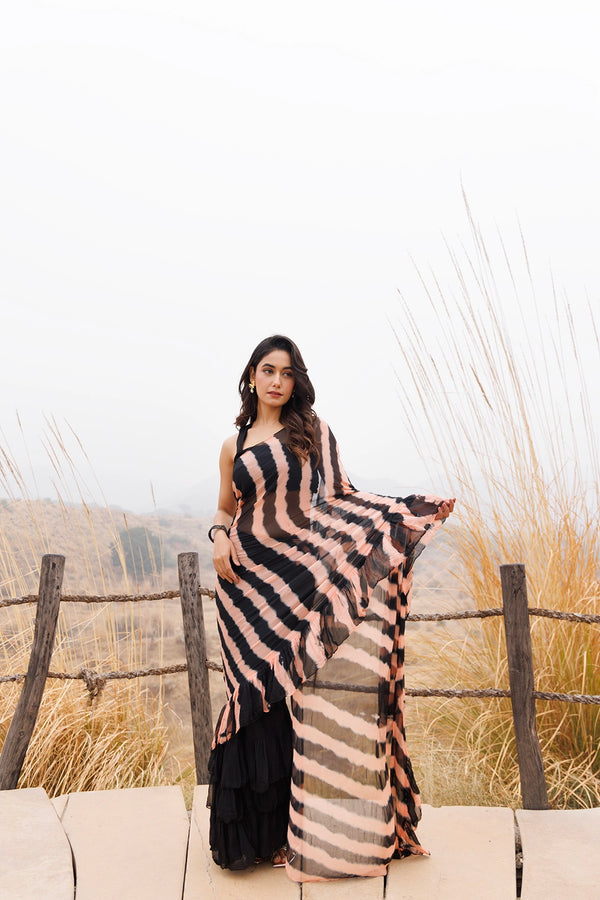 Black & Peach Ready-to-Wear Leheriya Chiffon Saree with Ruffles