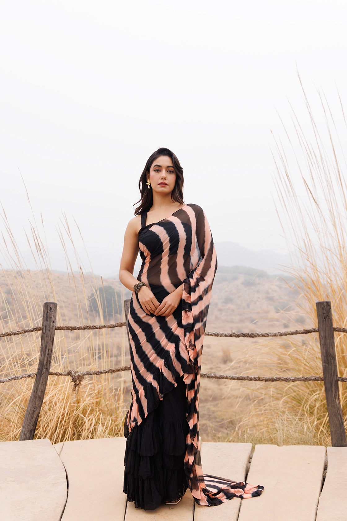 Black & Peach Ready-to-Wear Leheriya Chiffon Saree with Ruffles