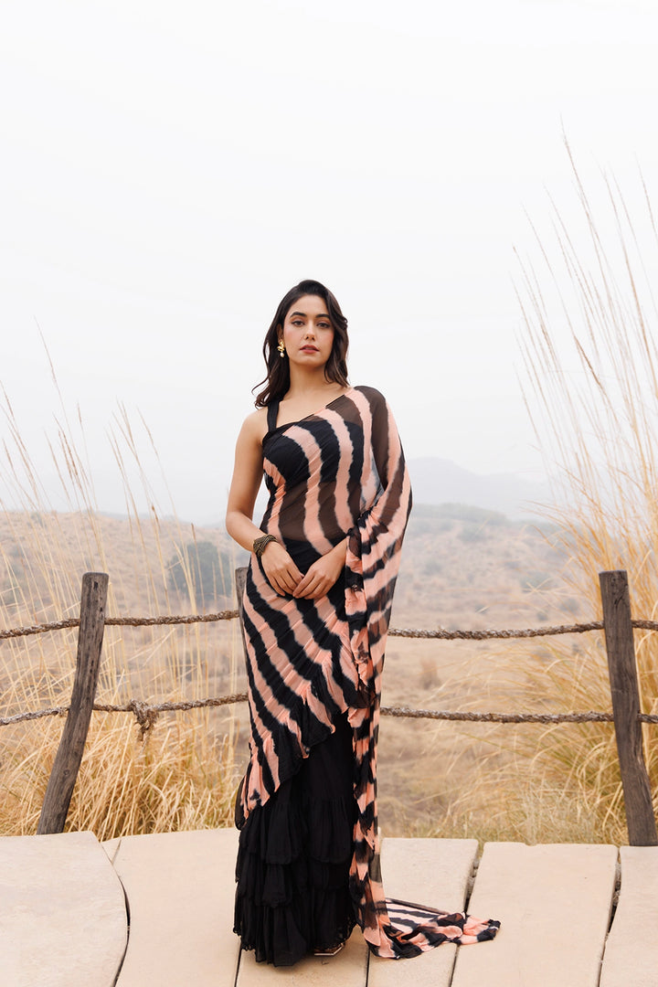 Black & Peach Ready-to-Wear Leheriya Chiffon Saree with Ruffles