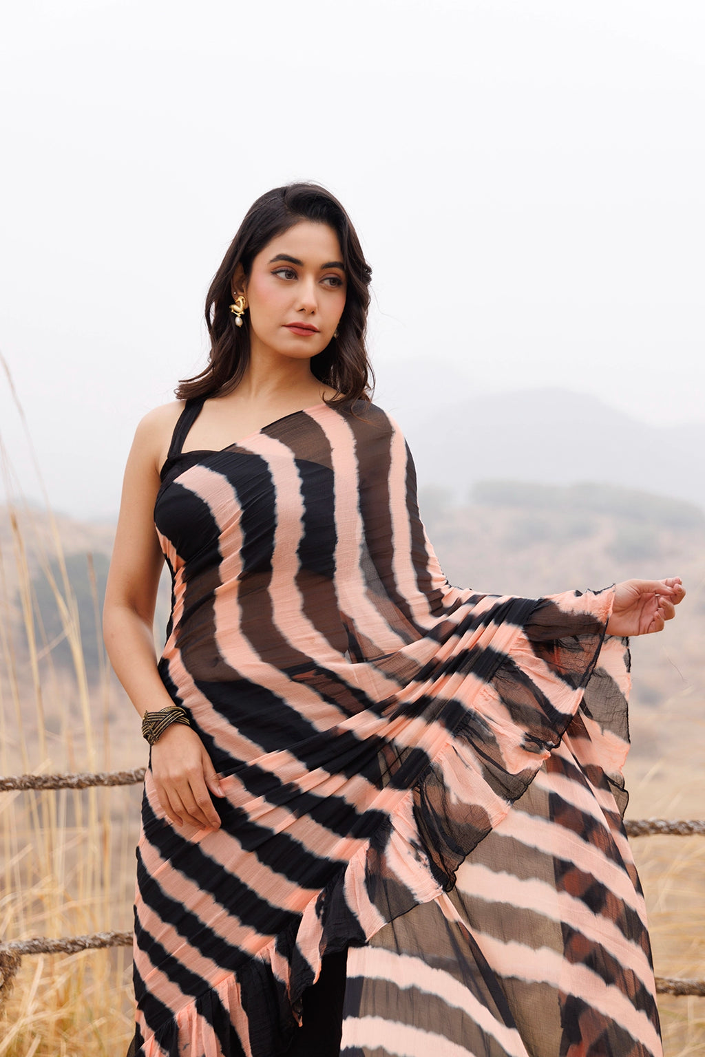 Black & Peach Ready-to-Wear Leheriya Chiffon Saree with Ruffles