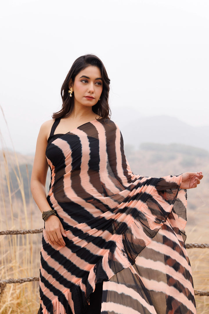 Black & Peach Ready-to-Wear Leheriya Chiffon Saree with Ruffles