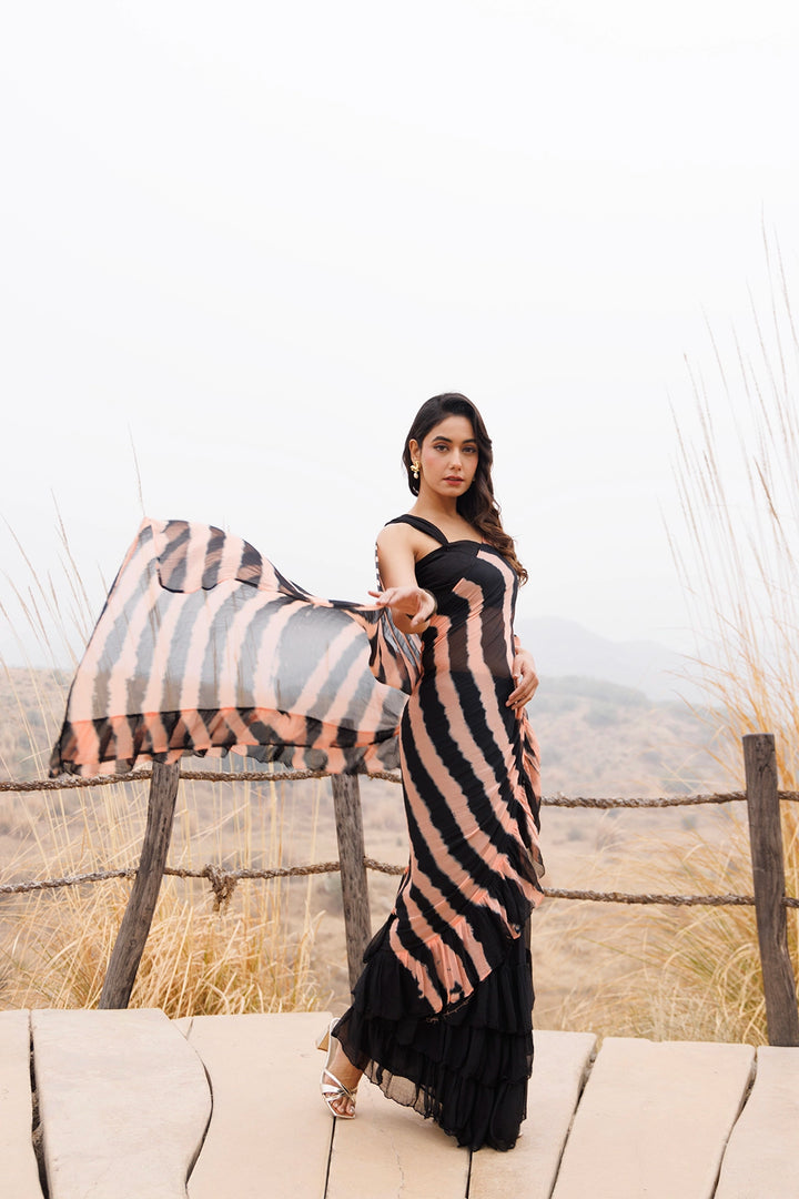 Black & Peach Ready-to-Wear Leheriya Chiffon Saree with Ruffles