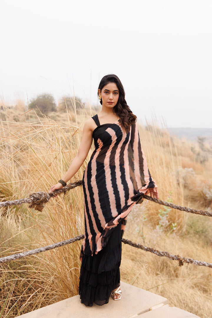 Black & Peach Ready-to-Wear Leheriya Chiffon Saree with Ruffles