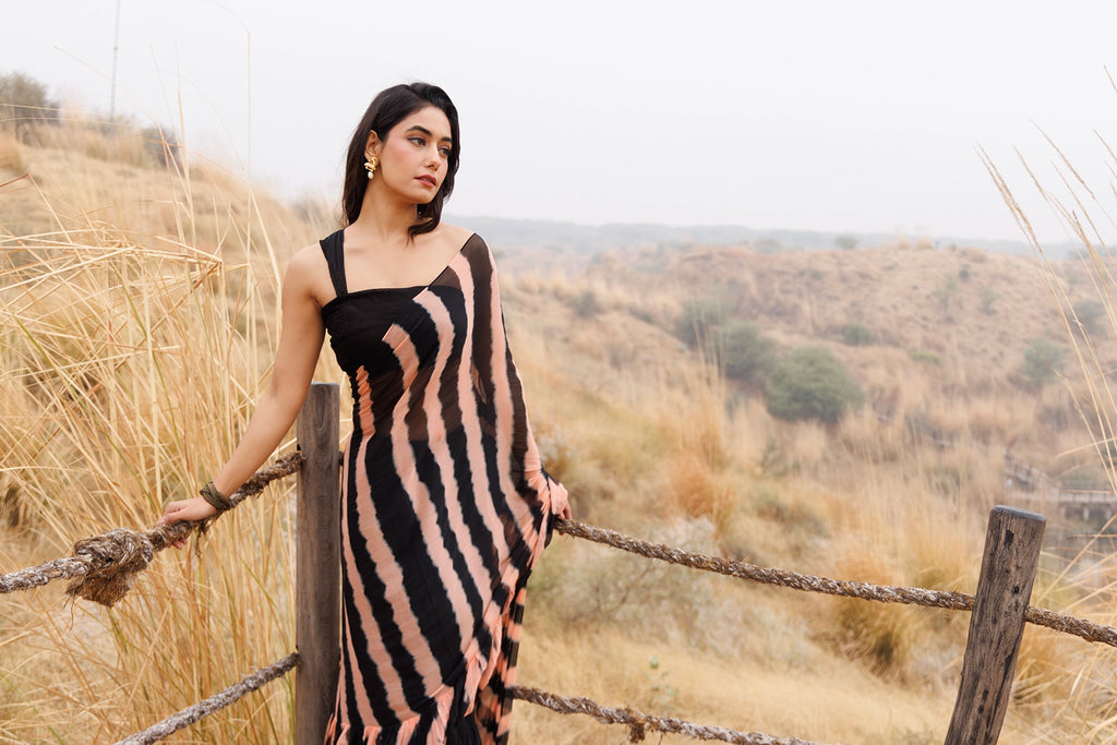 Black & Peach Ready-to-Wear Leheriya Chiffon Saree with Ruffles