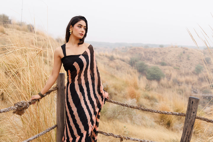 Black & Peach Ready-to-Wear Leheriya Chiffon Saree with Ruffles