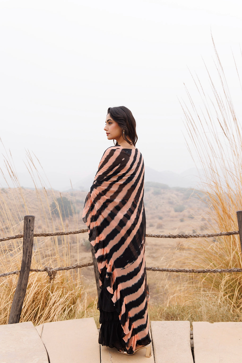 Black & Peach Ready-to-Wear Leheriya Chiffon Saree with Ruffles