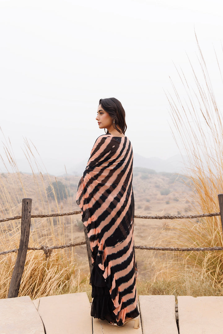 Black & Peach Ready-to-Wear Leheriya Chiffon Saree with Ruffles