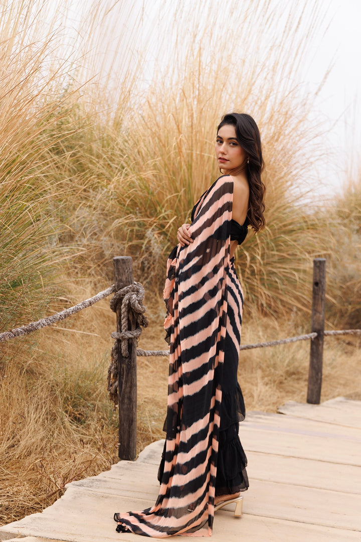 Black & Peach Ready-to-Wear Leheriya Chiffon Saree with Ruffles