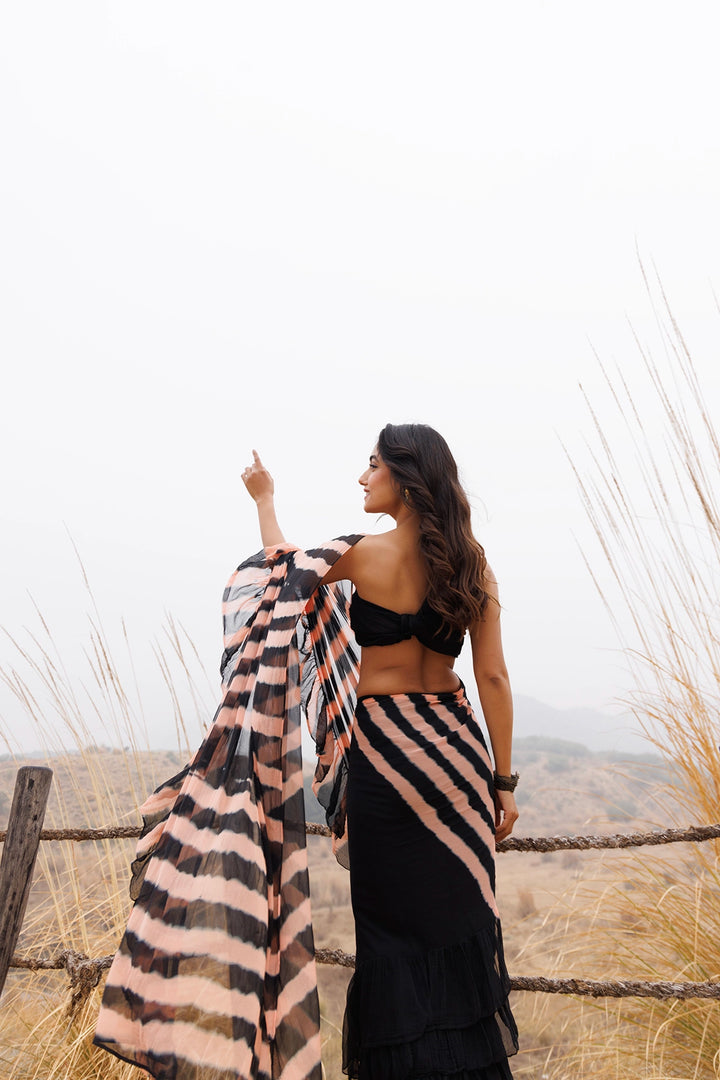 Black & Peach Ready-to-Wear Leheriya Chiffon Saree with Ruffles