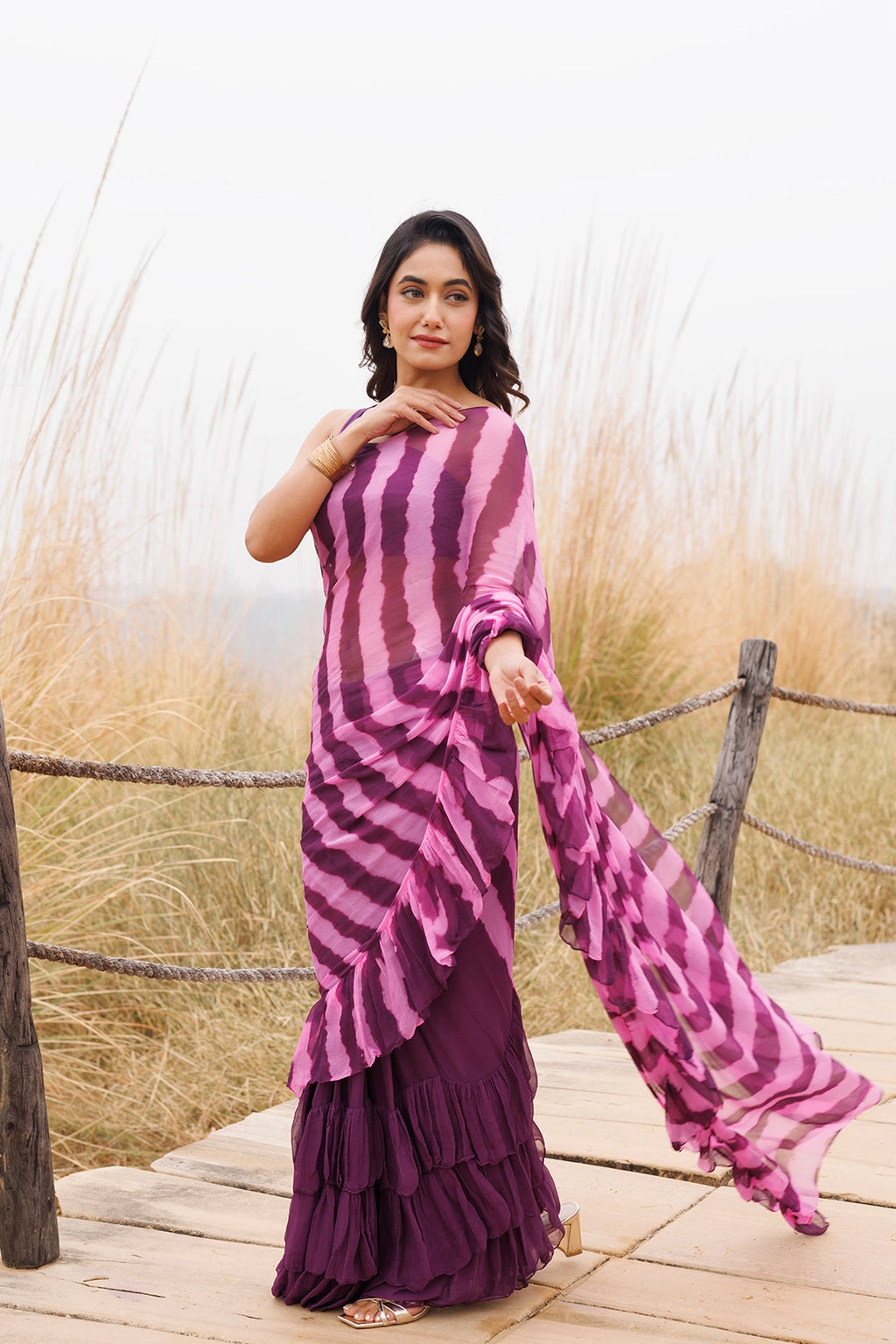 Wine & Pink Ready-to-Wear Leheriya Chiffon Saree with Ruffles