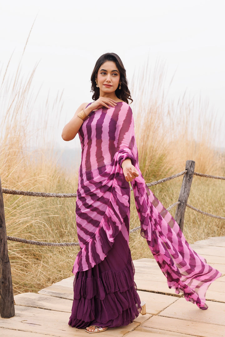 Wine & Pink Ready-to-Wear Leheriya Chiffon Saree with Ruffles