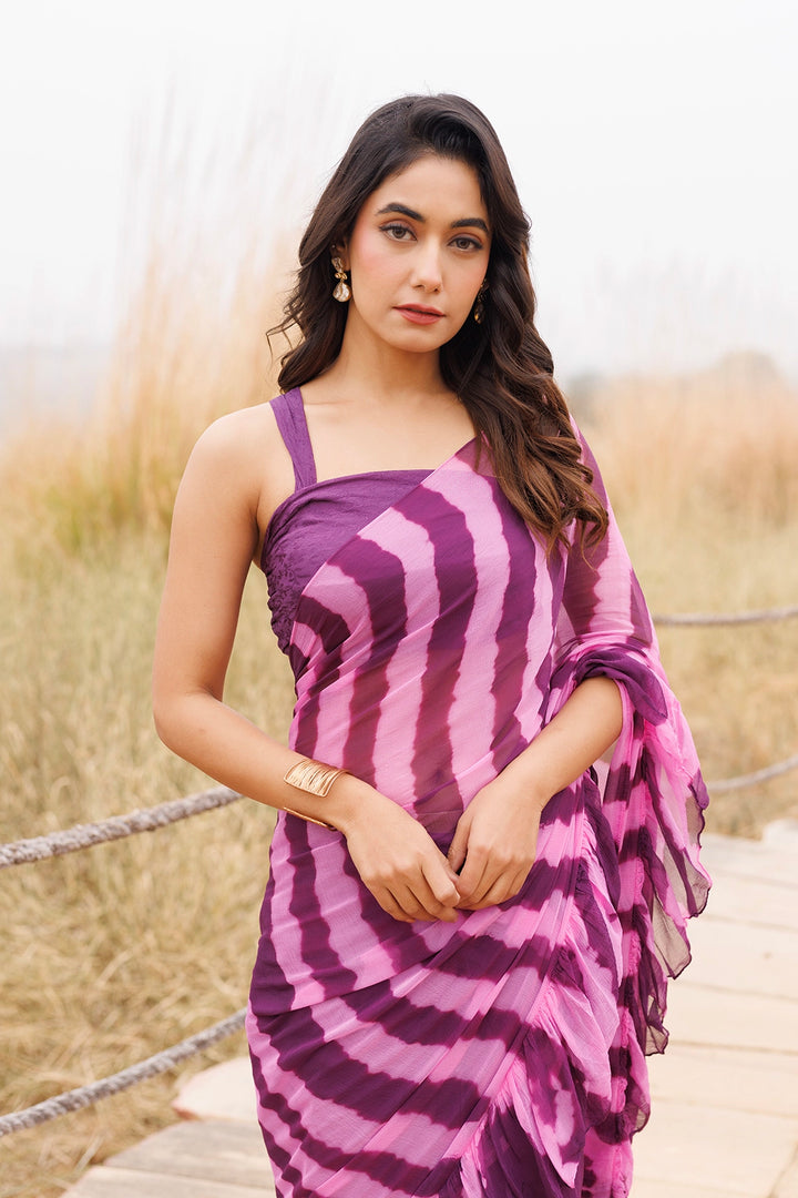 Wine & Pink Ready-to-Wear Leheriya Chiffon Saree with Ruffles