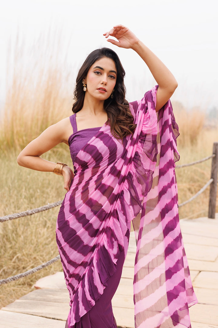 Wine & Pink Ready-to-Wear Leheriya Chiffon Saree with Ruffles
