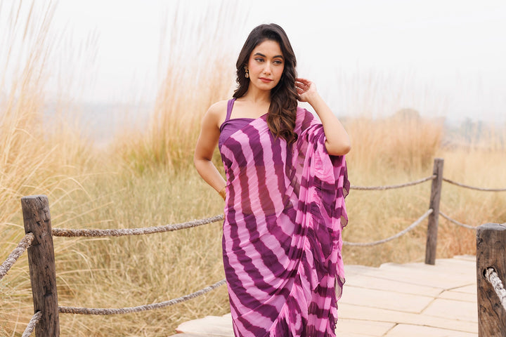 Wine & Pink Ready-to-Wear Leheriya Chiffon Saree with Ruffles