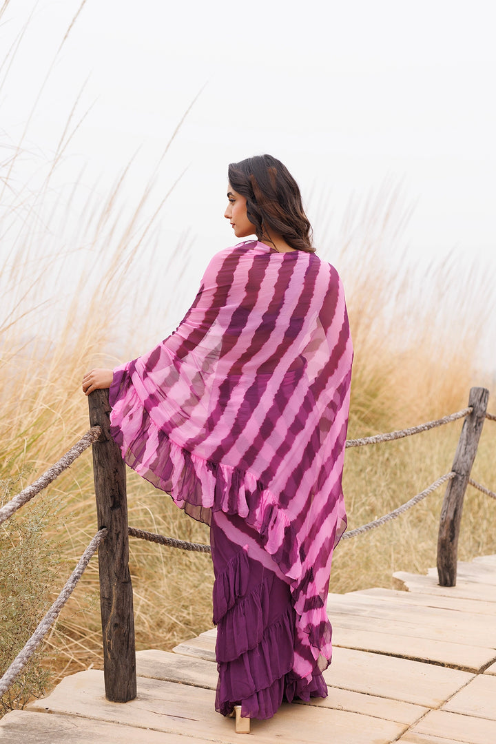 Wine & Pink Ready-to-Wear Leheriya Chiffon Saree with Ruffles