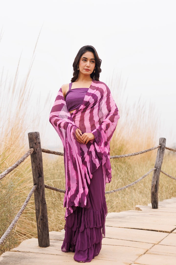 Wine & Pink Ready-to-Wear Leheriya Chiffon Saree with Ruffles