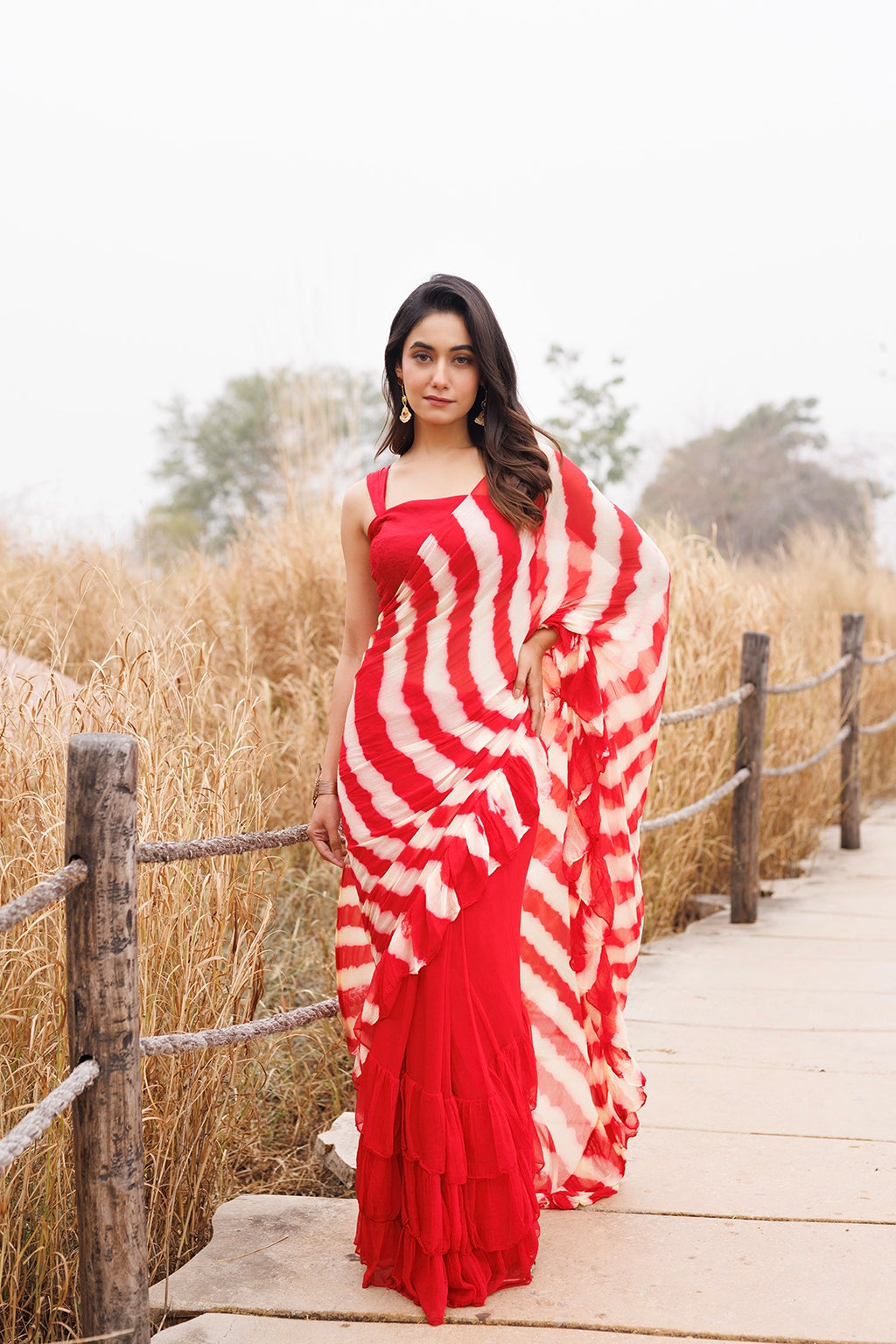 Red & Cream Ready-to-Wear Leheriya Chiffon Saree with Ruffles