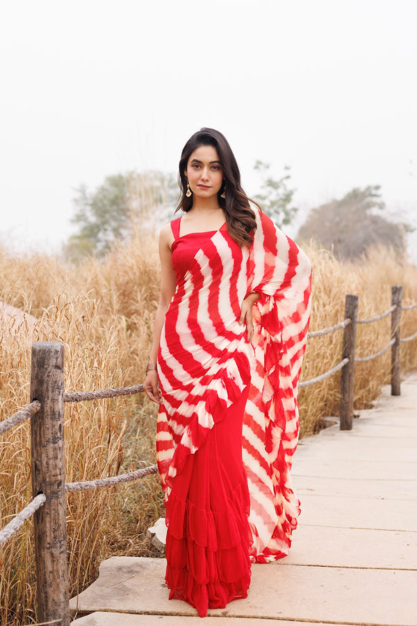 Red & Cream Ready-to-Wear Leheriya Chiffon Saree with Ruffles