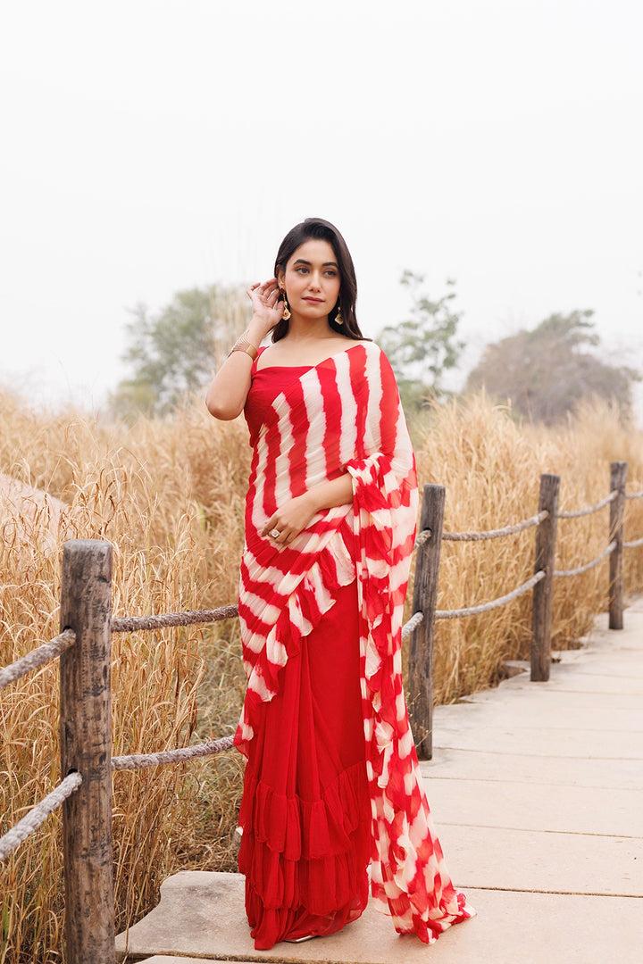 Red & Cream Ready-to-Wear Leheriya Chiffon Saree with Ruffles