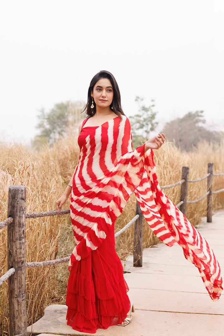 Red & Cream Ready-to-Wear Leheriya Chiffon Saree with Ruffles
