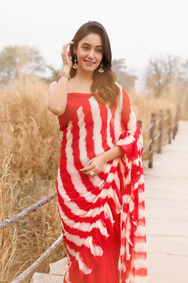 Red & Cream Ready-to-Wear Leheriya Chiffon Saree with Ruffles