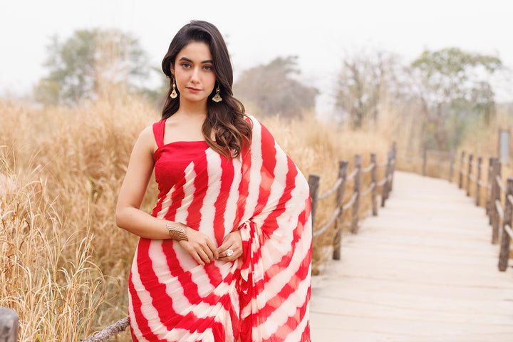 Red & Cream Ready-to-Wear Leheriya Chiffon Saree with Ruffles