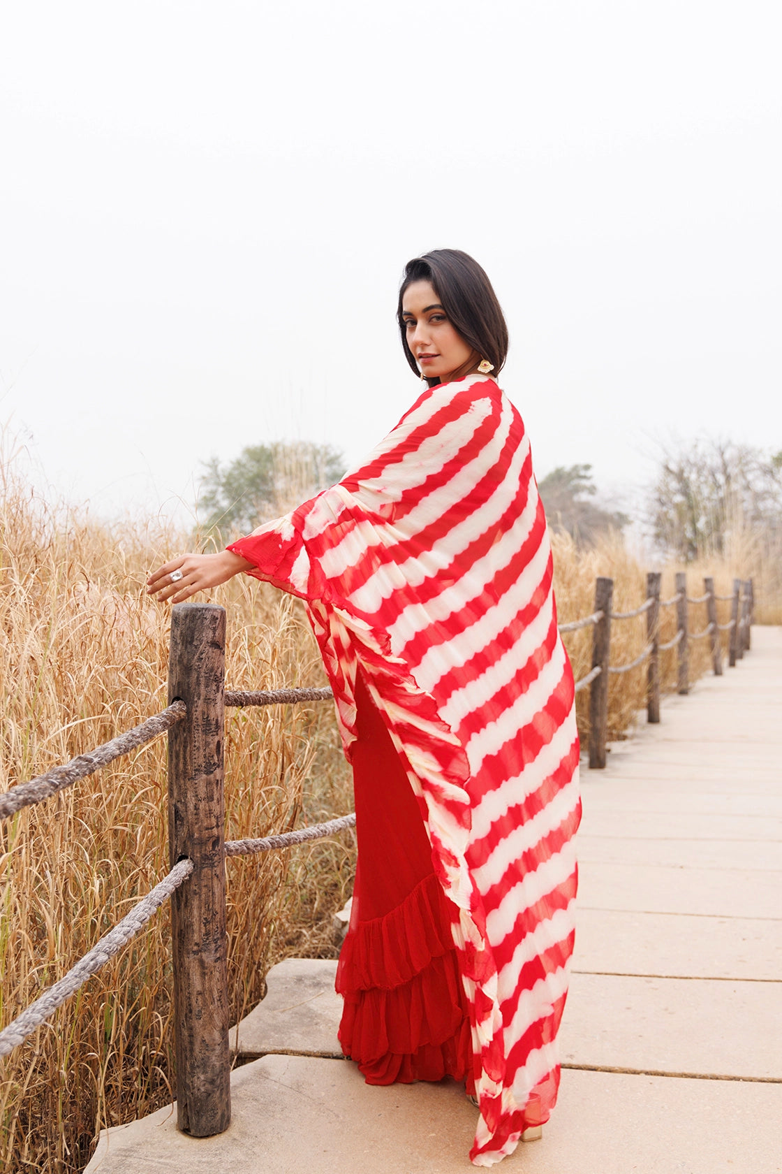 Red & Cream Ready-to-Wear Leheriya Chiffon Saree with Ruffles