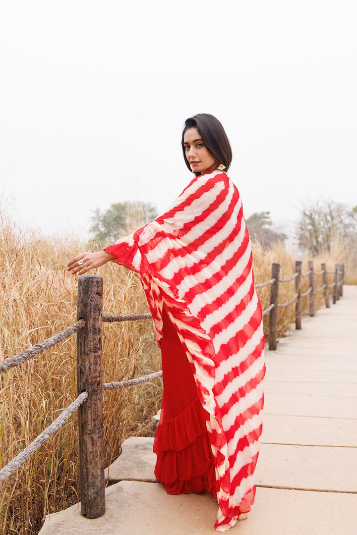 Red & Cream Ready-to-Wear Leheriya Chiffon Saree with Ruffles