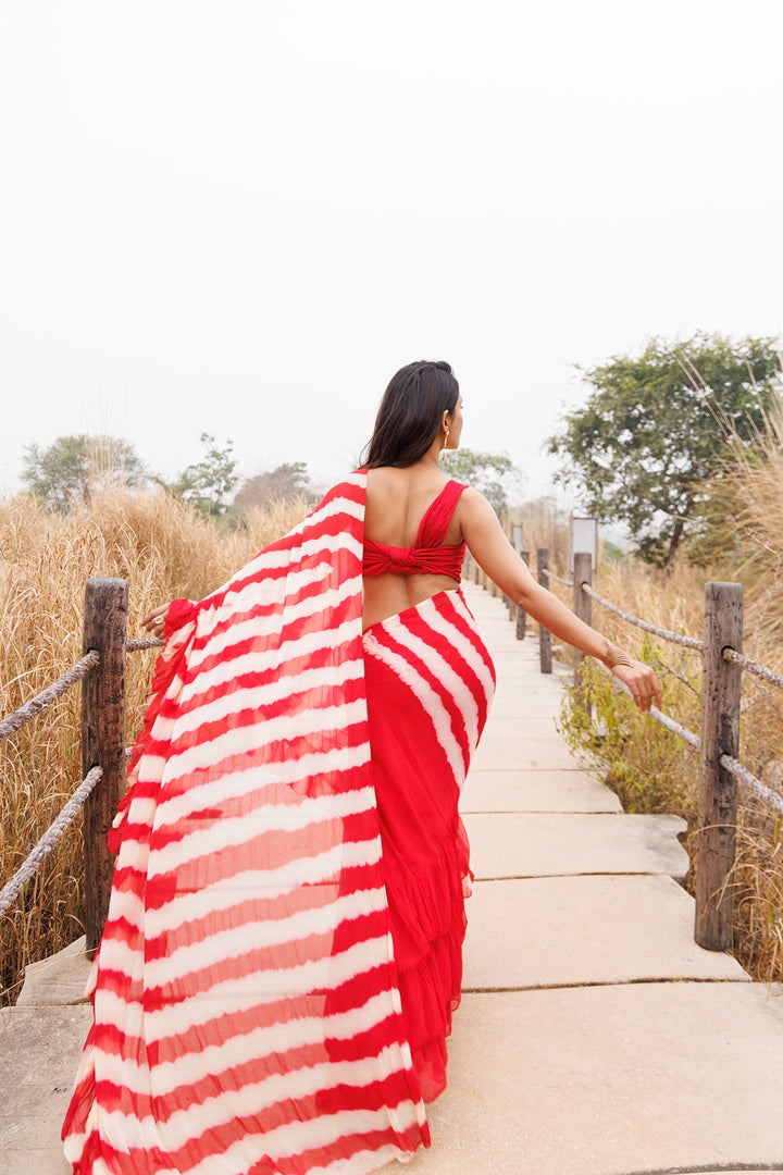 Red & Cream Ready-to-Wear Leheriya Chiffon Saree with Ruffles
