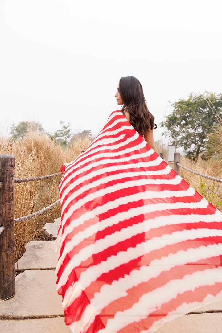 Red & Cream Ready-to-Wear Leheriya Chiffon Saree with Ruffles