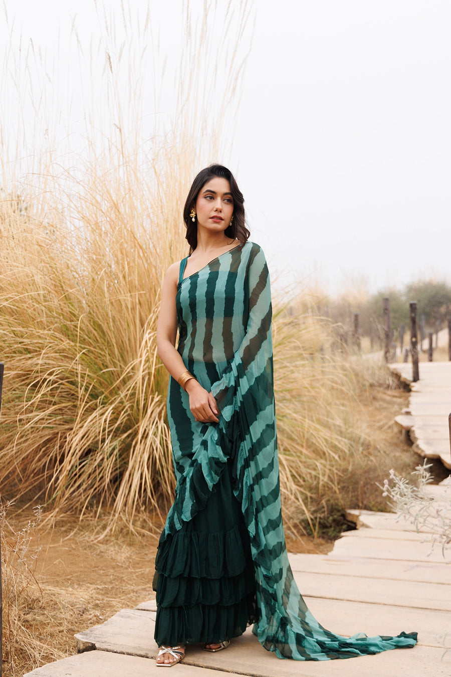 Green Ready-To-Wear Leheriya Chiffon Saree With Ruffles