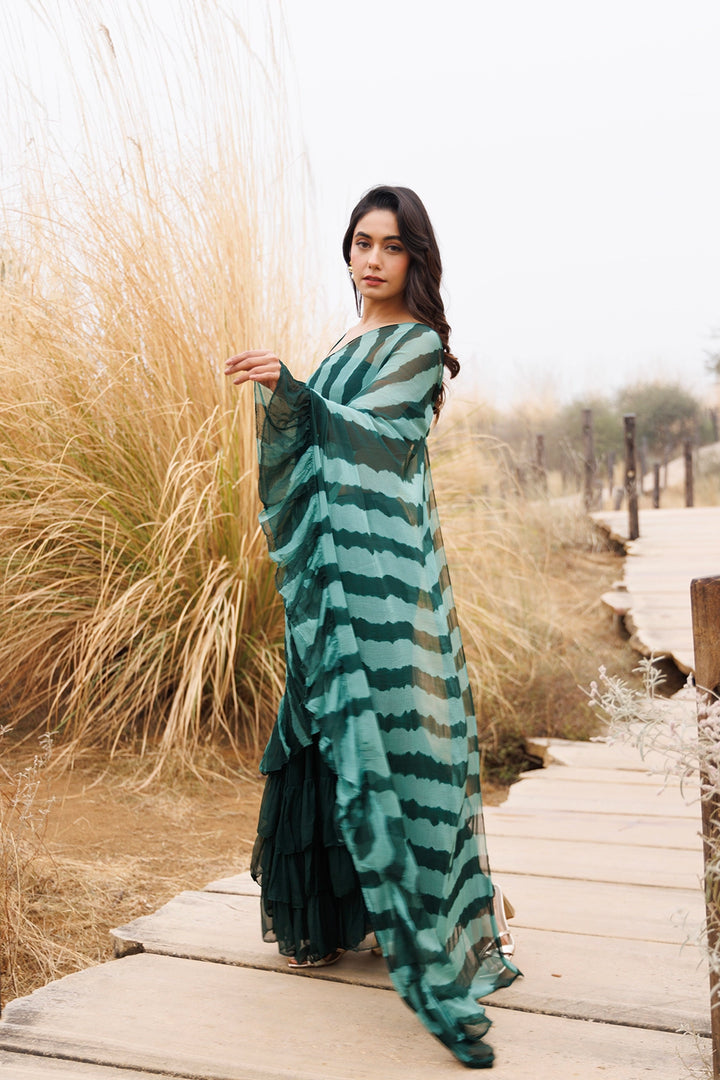 Green Ready-to-Wear Leheriya Chiffon Saree with Ruffles