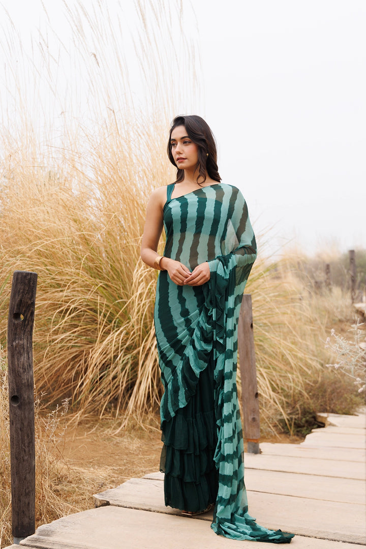 Green Ready-to-Wear Leheriya Chiffon Saree with Ruffles